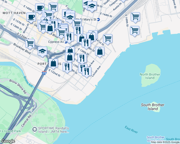 map of restaurants, bars, coffee shops, grocery stores, and more near in Bronx