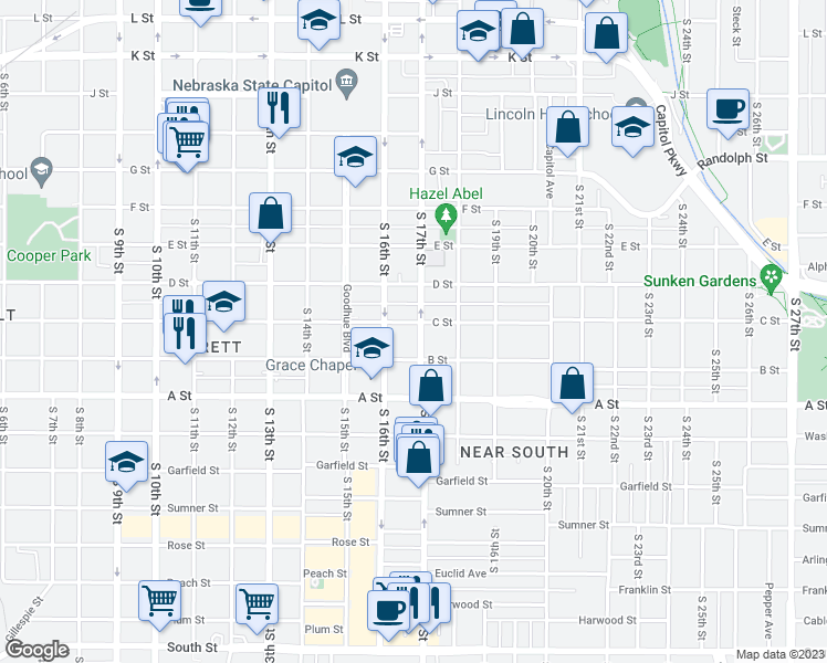 map of restaurants, bars, coffee shops, grocery stores, and more near 1645 C Street in Lincoln