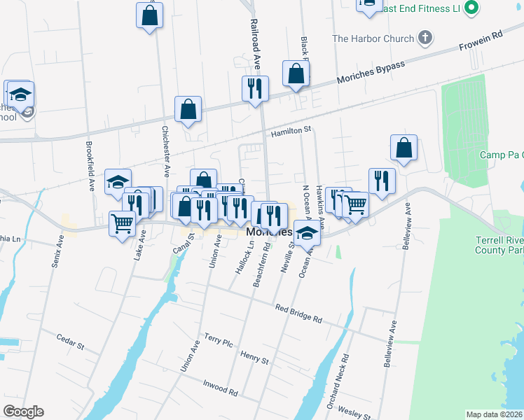 map of restaurants, bars, coffee shops, grocery stores, and more near 30 Railroad Avenue in Center Moriches