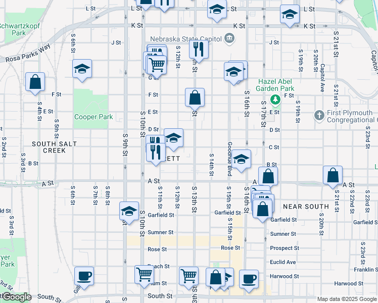 map of restaurants, bars, coffee shops, grocery stores, and more near 1237 C Street in Lincoln
