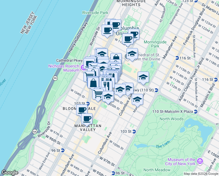 map of restaurants, bars, coffee shops, grocery stores, and more near Amsterdam Ave & W 107th St in New York