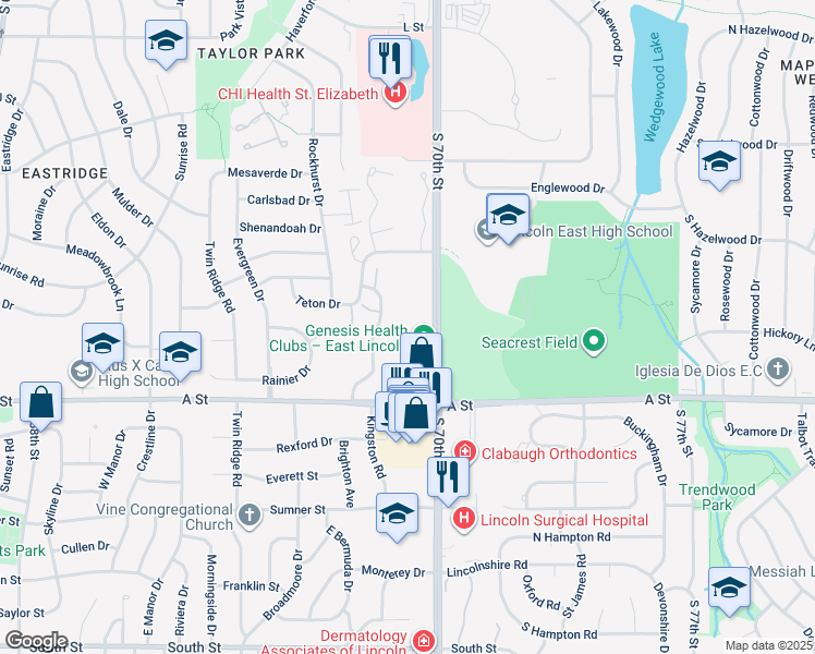 map of restaurants, bars, coffee shops, grocery stores, and more near 1111 South 70th Street in Lincoln