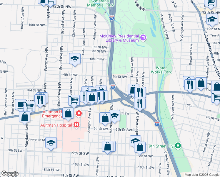 map of restaurants, bars, coffee shops, grocery stores, and more near 315 Harrison Avenue Southwest in Canton