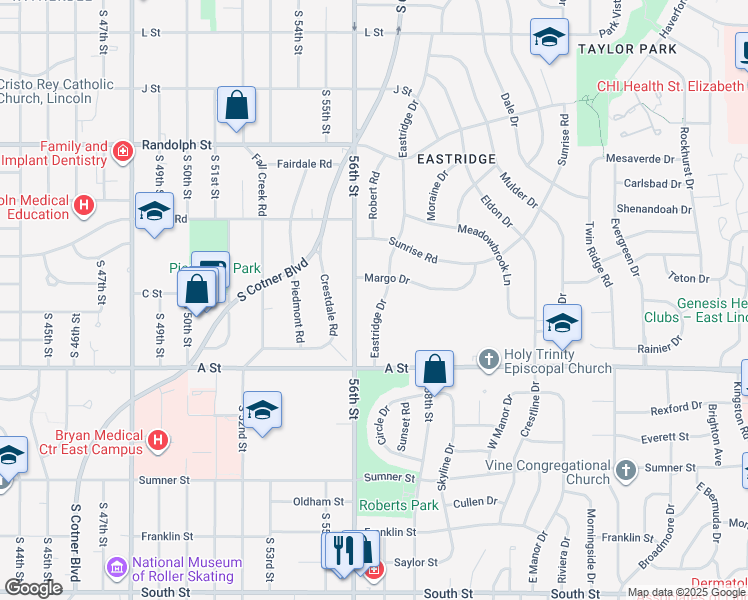 map of restaurants, bars, coffee shops, grocery stores, and more near 5611 Margo Drive in Lincoln