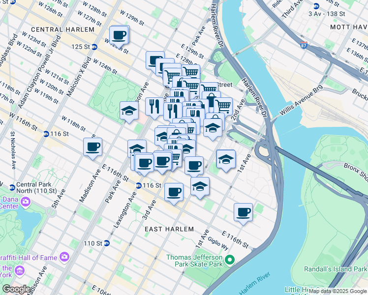 map of restaurants, bars, coffee shops, grocery stores, and more near 201 East 121st Street in New York