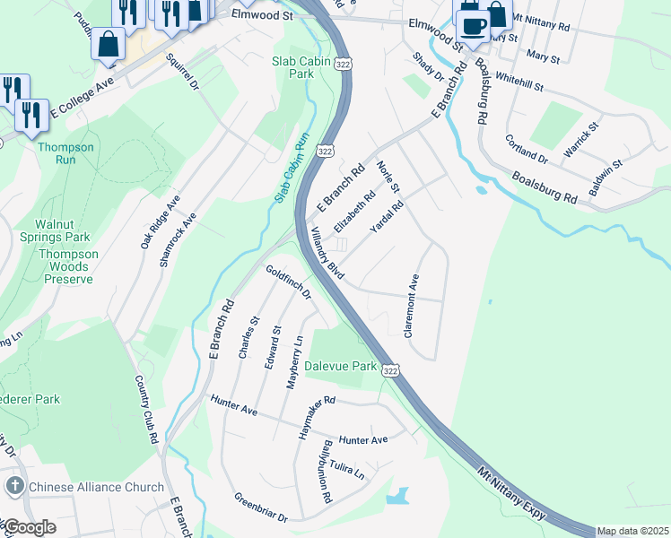 map of restaurants, bars, coffee shops, grocery stores, and more near 1400 Yardal Road in State College