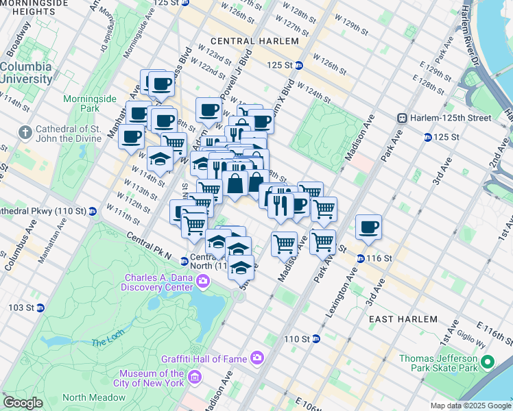 map of restaurants, bars, coffee shops, grocery stores, and more near 40 West 116th Street in New York