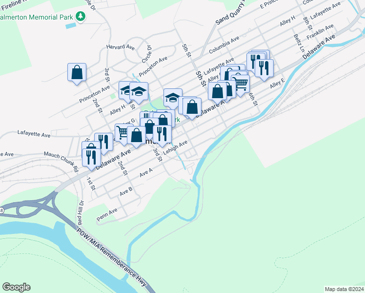 map of restaurants, bars, coffee shops, grocery stores, and more near 360 Lehigh Street in Palmerton