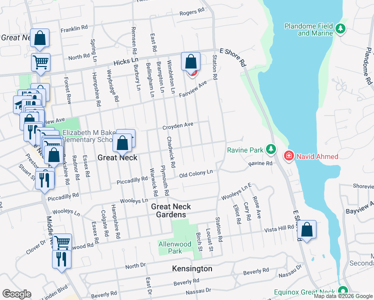 map of restaurants, bars, coffee shops, grocery stores, and more near 125 Baker Hill Road in Great Neck
