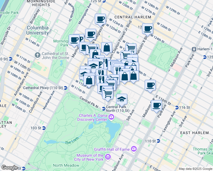 map of restaurants, bars, coffee shops, grocery stores, and more near 113 West 114th Street in New York