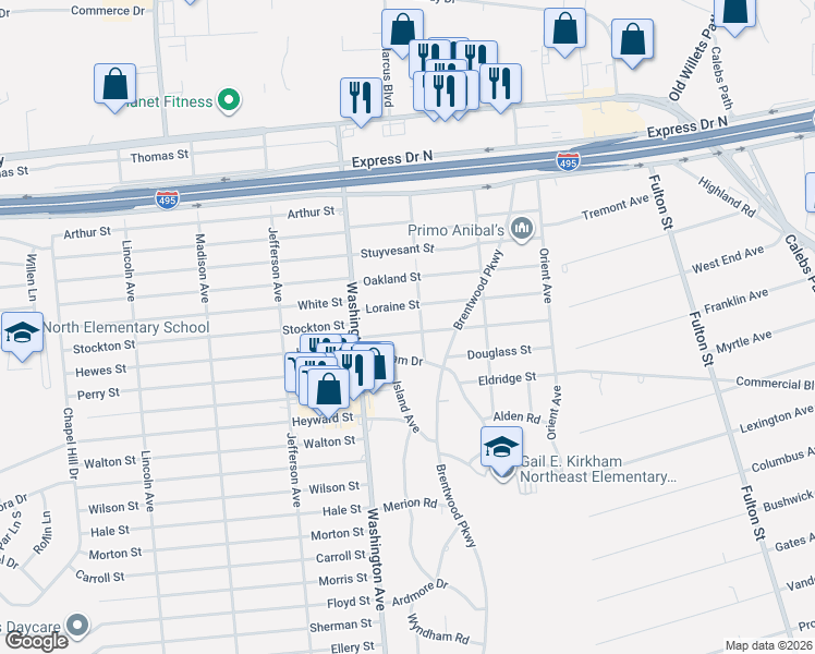 map of restaurants, bars, coffee shops, grocery stores, and more near 15 Rugby Street in Brentwood