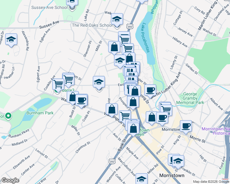 map of restaurants, bars, coffee shops, grocery stores, and more near 44 Prospect Street in Morristown