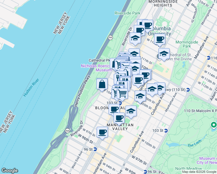 map of restaurants, bars, coffee shops, grocery stores, and more near 316 West 105th Street in New York