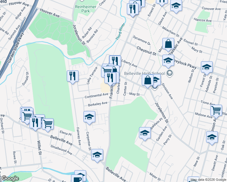 map of restaurants, bars, coffee shops, grocery stores, and more near 63 Charles Street in Belleville