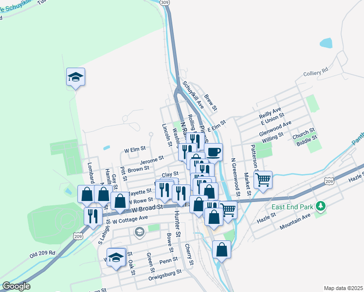 map of restaurants, bars, coffee shops, grocery stores, and more near 327 Washington Street in Tamaqua