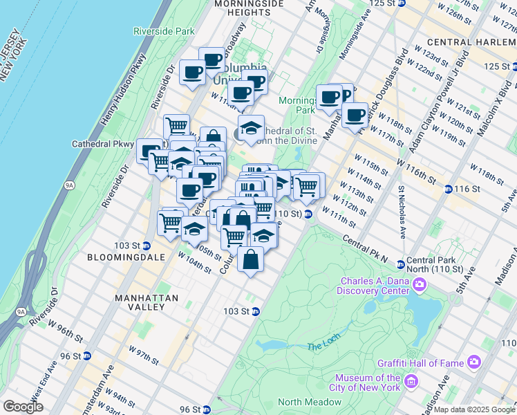 map of restaurants, bars, coffee shops, grocery stores, and more near Columbus Ave & W 109th St in New York