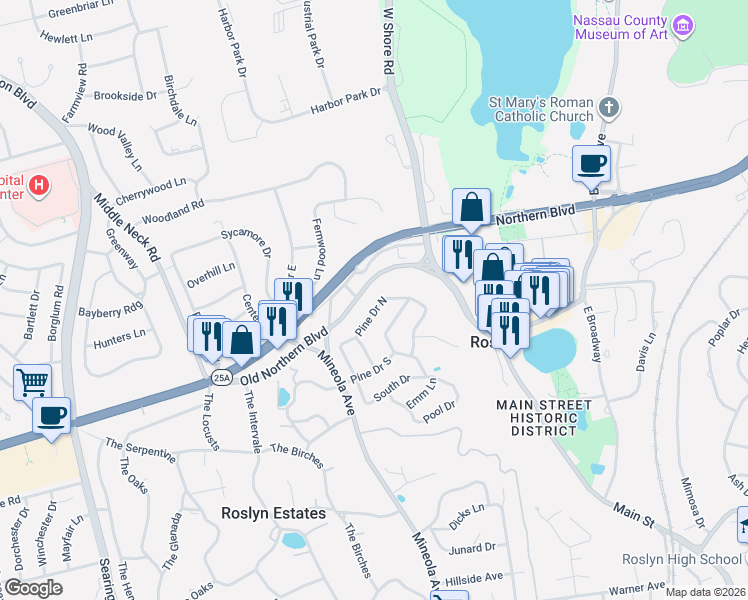 map of restaurants, bars, coffee shops, grocery stores, and more near 20 Pine Drive South in Roslyn