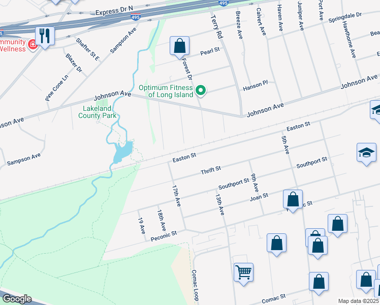 map of restaurants, bars, coffee shops, grocery stores, and more near 335 Easton Street in Ronkonkoma
