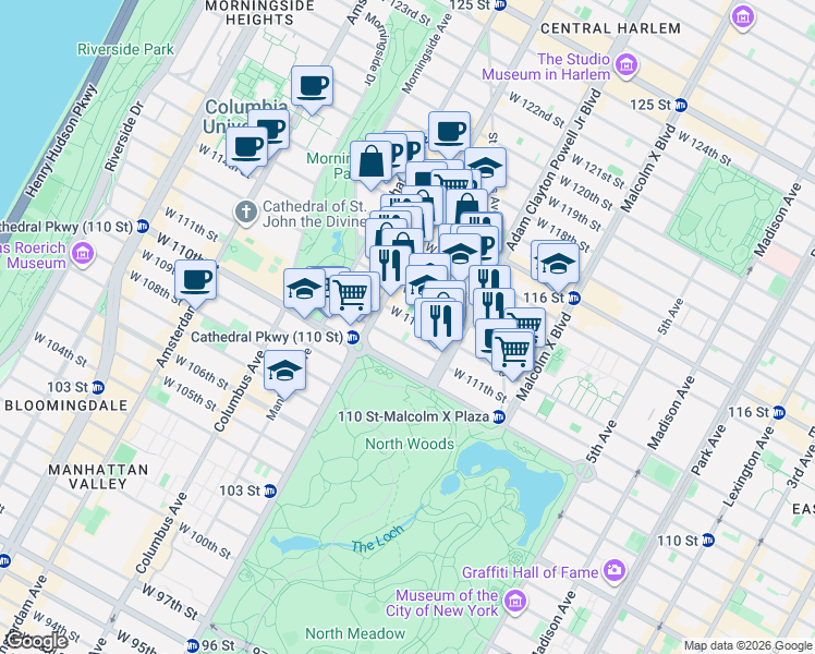 map of restaurants, bars, coffee shops, grocery stores, and more near 249 West 112th Street in New York