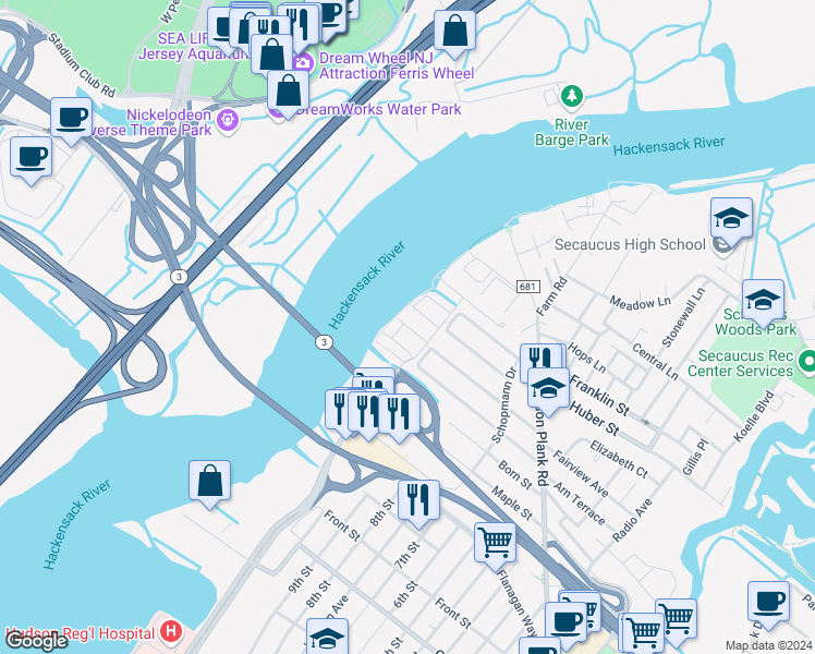 map of restaurants, bars, coffee shops, grocery stores, and more near 67 Mallard Place in Secaucus