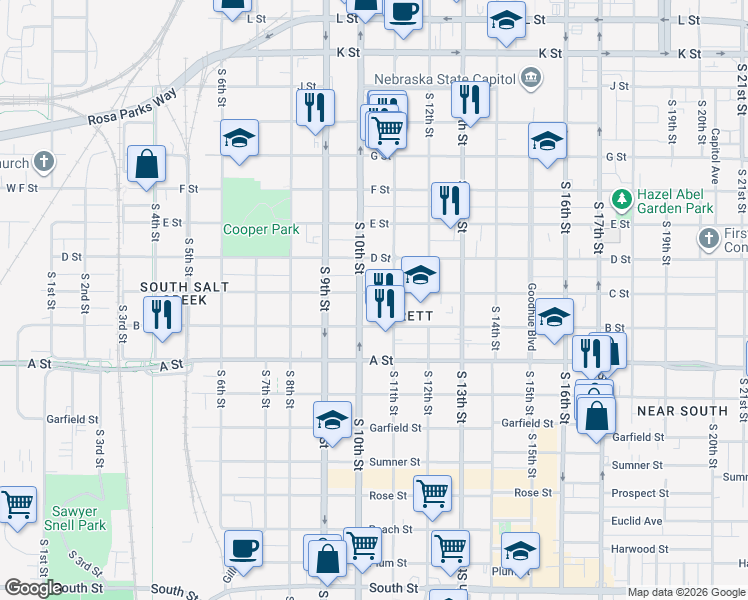 map of restaurants, bars, coffee shops, grocery stores, and more near 1025 C Street in Lincoln