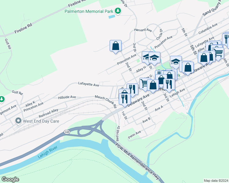 map of restaurants, bars, coffee shops, grocery stores, and more near 732 Church Street in Palmerton