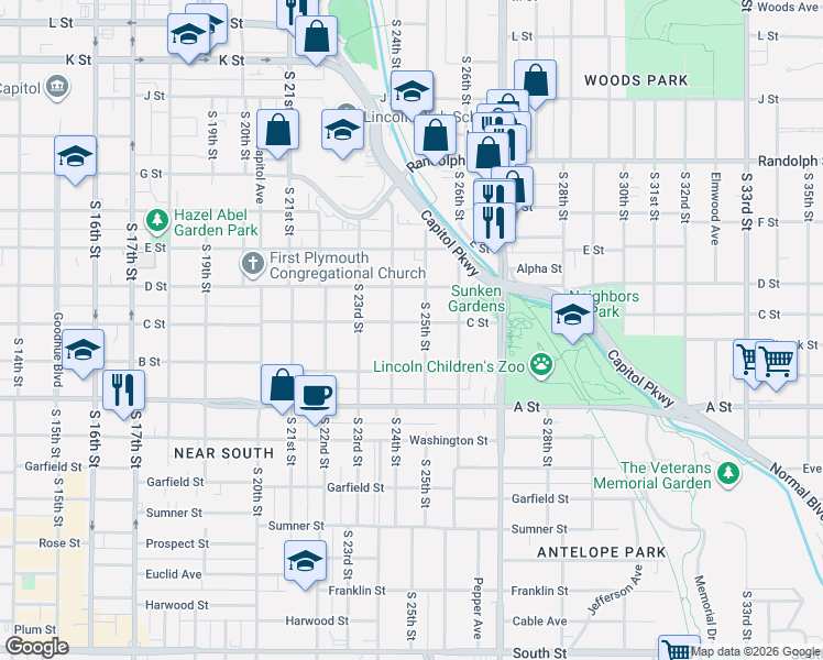 map of restaurants, bars, coffee shops, grocery stores, and more near 2426 C Street in Lincoln