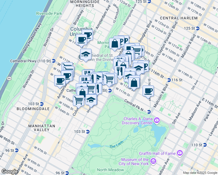 map of restaurants, bars, coffee shops, grocery stores, and more near 301 West 110th Street in New York