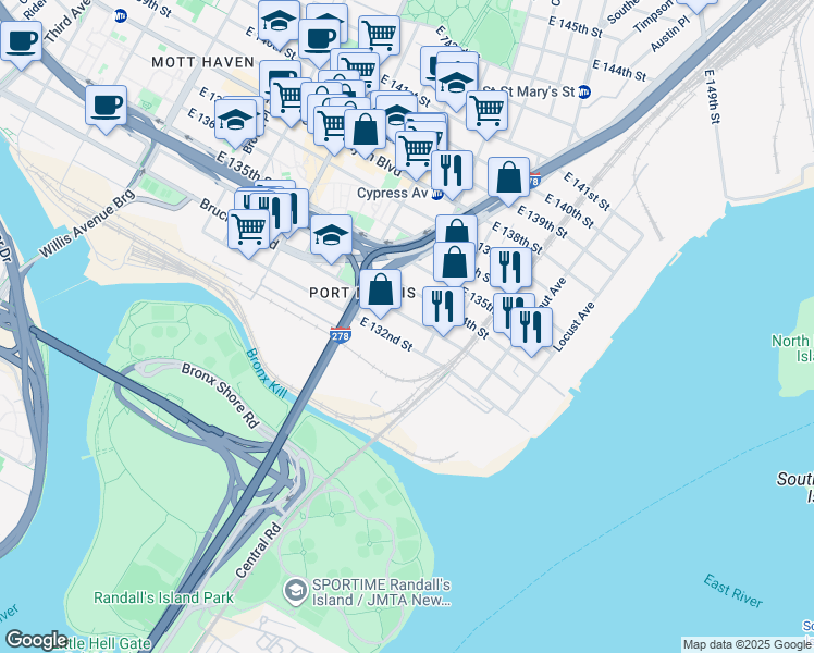 map of restaurants, bars, coffee shops, grocery stores, and more near 704 East 133rd Street in The Bronx
