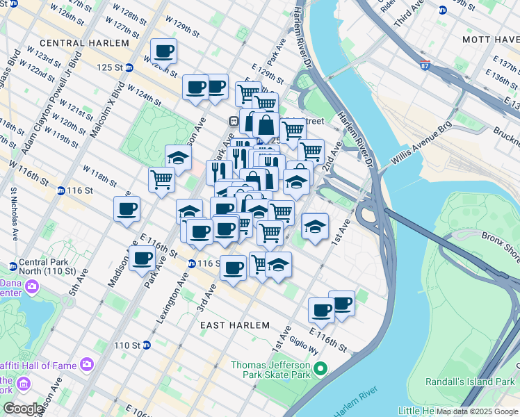 map of restaurants, bars, coffee shops, grocery stores, and more near 2230 3rd Avenue in New York