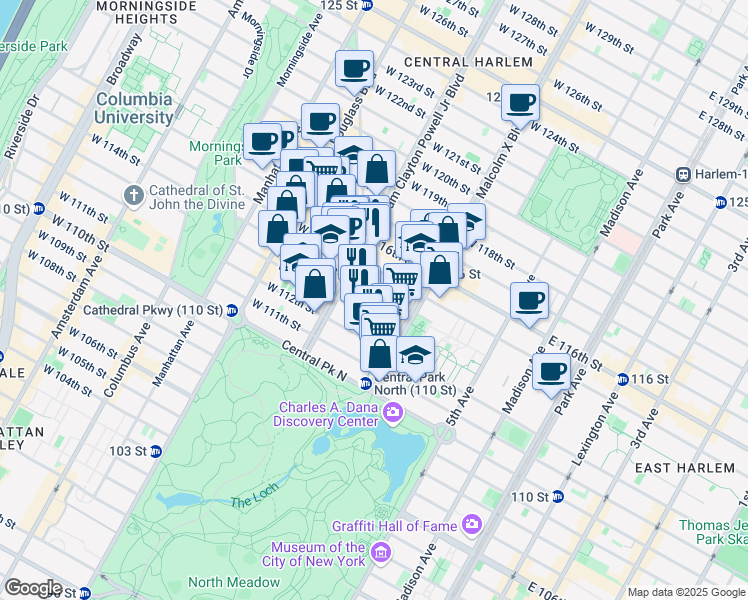 map of restaurants, bars, coffee shops, grocery stores, and more near 124 West 114th Street in New York