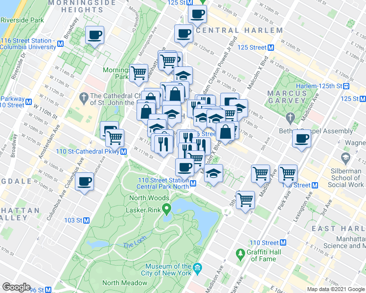 map of restaurants, bars, coffee shops, grocery stores, and more near 124 West 114th Street in New York