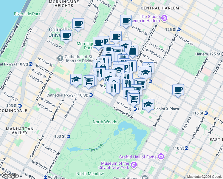 map of restaurants, bars, coffee shops, grocery stores, and more near in New York