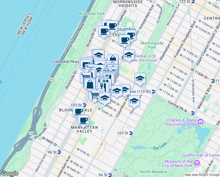 map of restaurants, bars, coffee shops, grocery stores, and more near 985 Amsterdam Avenue in New York