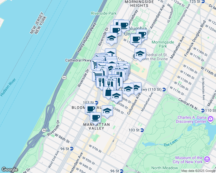 map of restaurants, bars, coffee shops, grocery stores, and more near 220 West 107th Street in New York