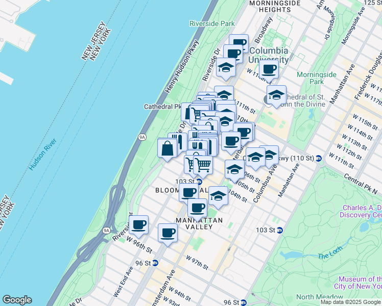 map of restaurants, bars, coffee shops, grocery stores, and more near 307 West 105th Street in New York