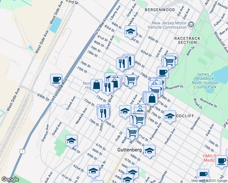 map of restaurants, bars, coffee shops, grocery stores, and more near 30 75th Street in North Bergen