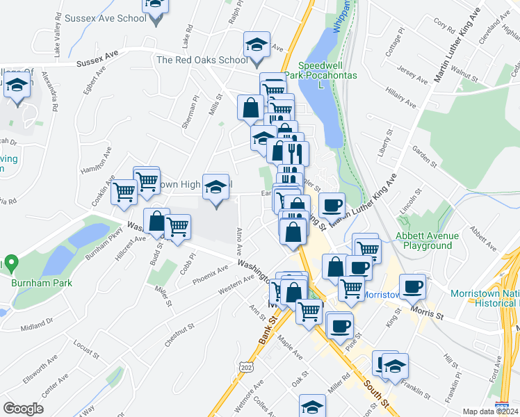 map of restaurants, bars, coffee shops, grocery stores, and more near 26 Early Street in Morristown