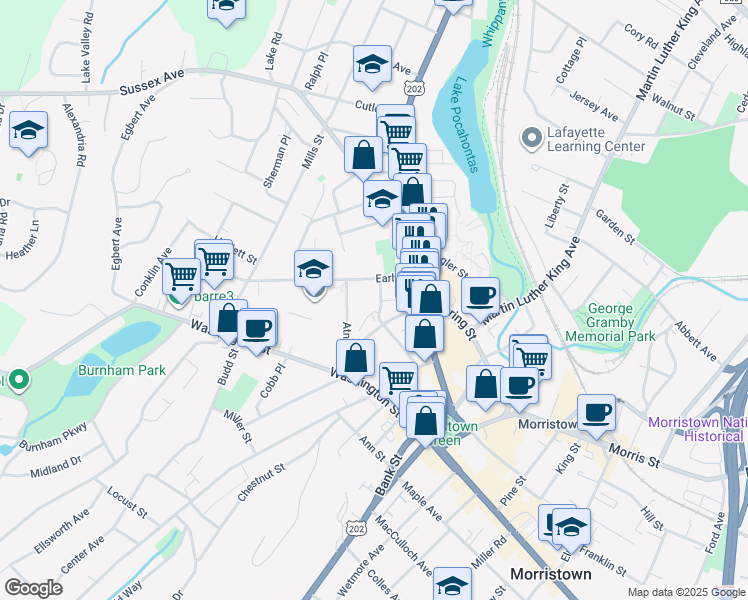 map of restaurants, bars, coffee shops, grocery stores, and more near 26 Early Street in Morristown