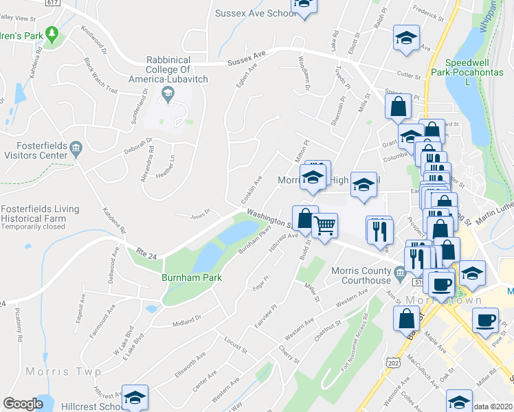 map of restaurants, bars, coffee shops, grocery stores, and more near 10 Colonial Road in Morristown