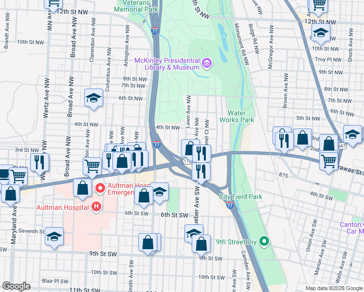 map of restaurants, bars, coffee shops, grocery stores, and more near 223 Park Avenue Northwest in Canton