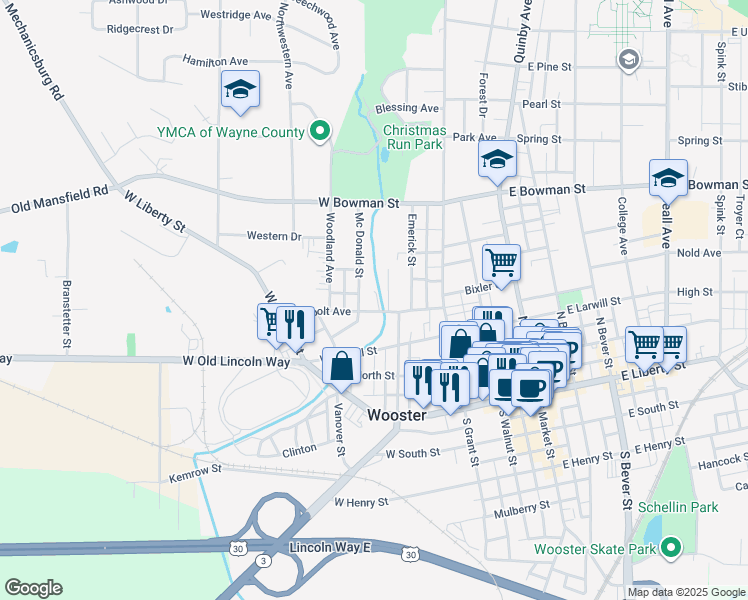 map of restaurants, bars, coffee shops, grocery stores, and more near 438 Park Drive in Wooster