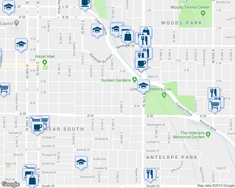 map of restaurants, bars, coffee shops, grocery stores, and more near 2426 C Street in Lincoln