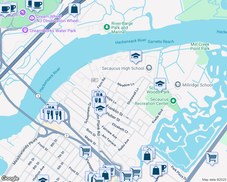 map of restaurants, bars, coffee shops, grocery stores, and more near 12 Schmidts Place in Secaucus