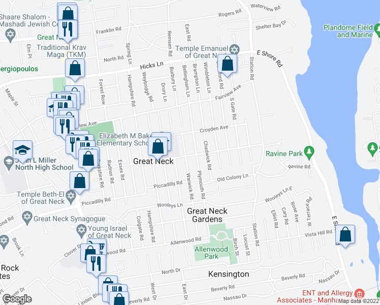 map of restaurants, bars, coffee shops, grocery stores, and more near 91 Baker Hill Road in Great Neck