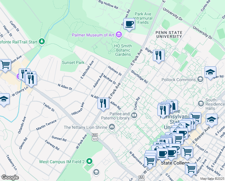 map of restaurants, bars, coffee shops, grocery stores, and more near 143 East Park Avenue in State College
