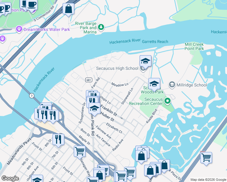 map of restaurants, bars, coffee shops, grocery stores, and more near 191 Meadowlands Parkway in Secaucus