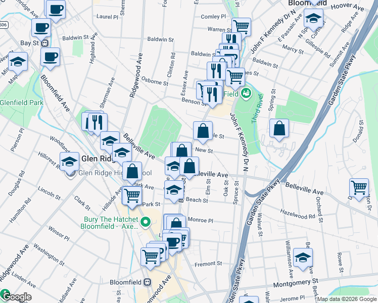 map of restaurants, bars, coffee shops, grocery stores, and more near 219 Broad Street in Bloomfield
