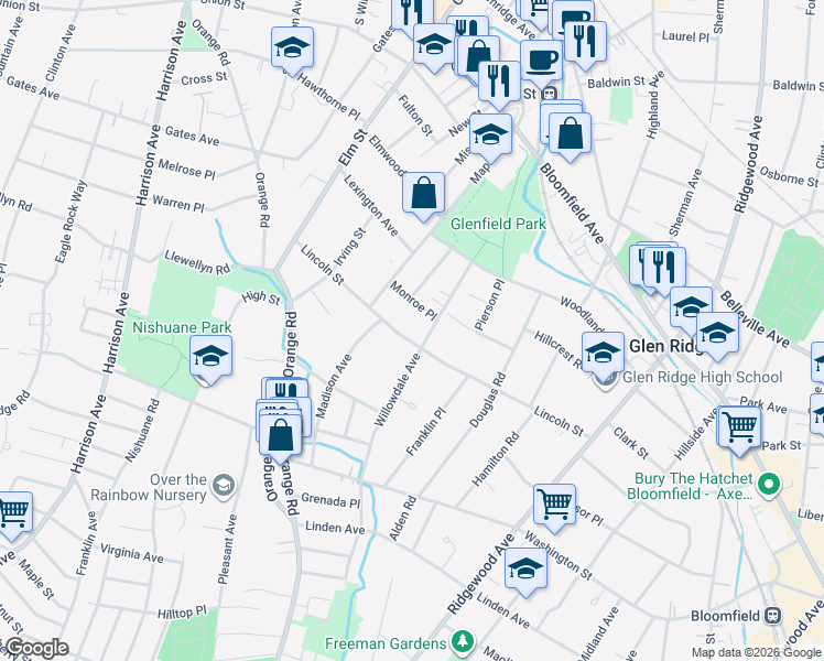 map of restaurants, bars, coffee shops, grocery stores, and more near 27 Monroe Place in Montclair