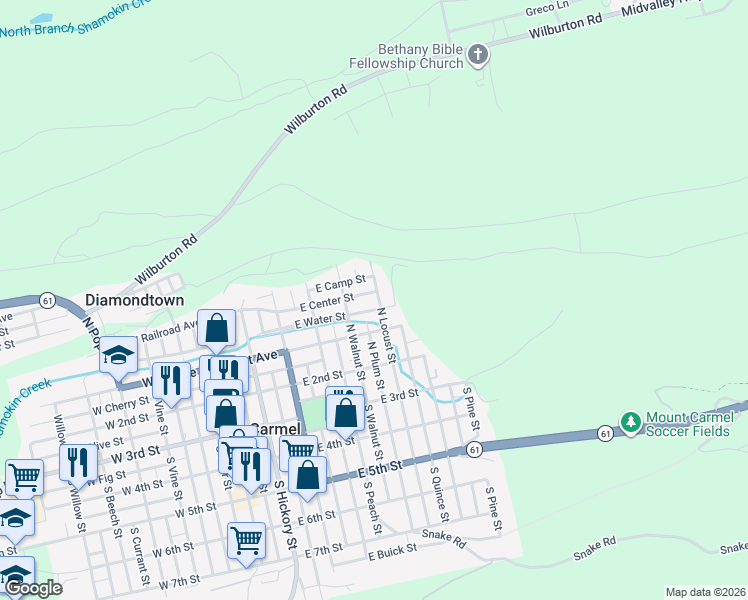 map of restaurants, bars, coffee shops, grocery stores, and more near 385-429 North Locust Street in Mount Carmel